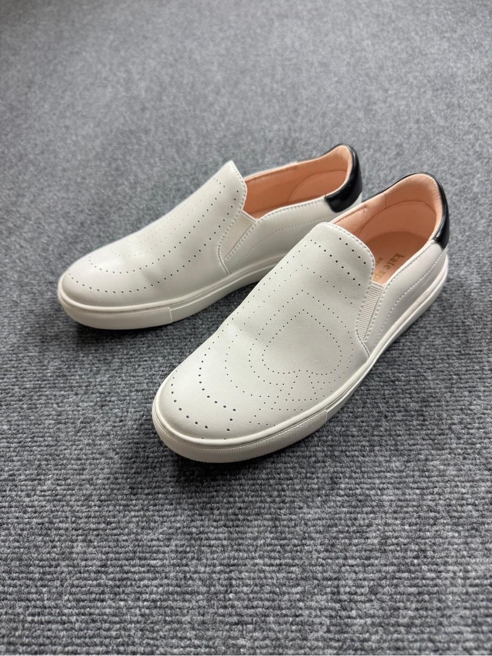 kate spade White Slip-On Perforated Leather Sneakers with Black Heel